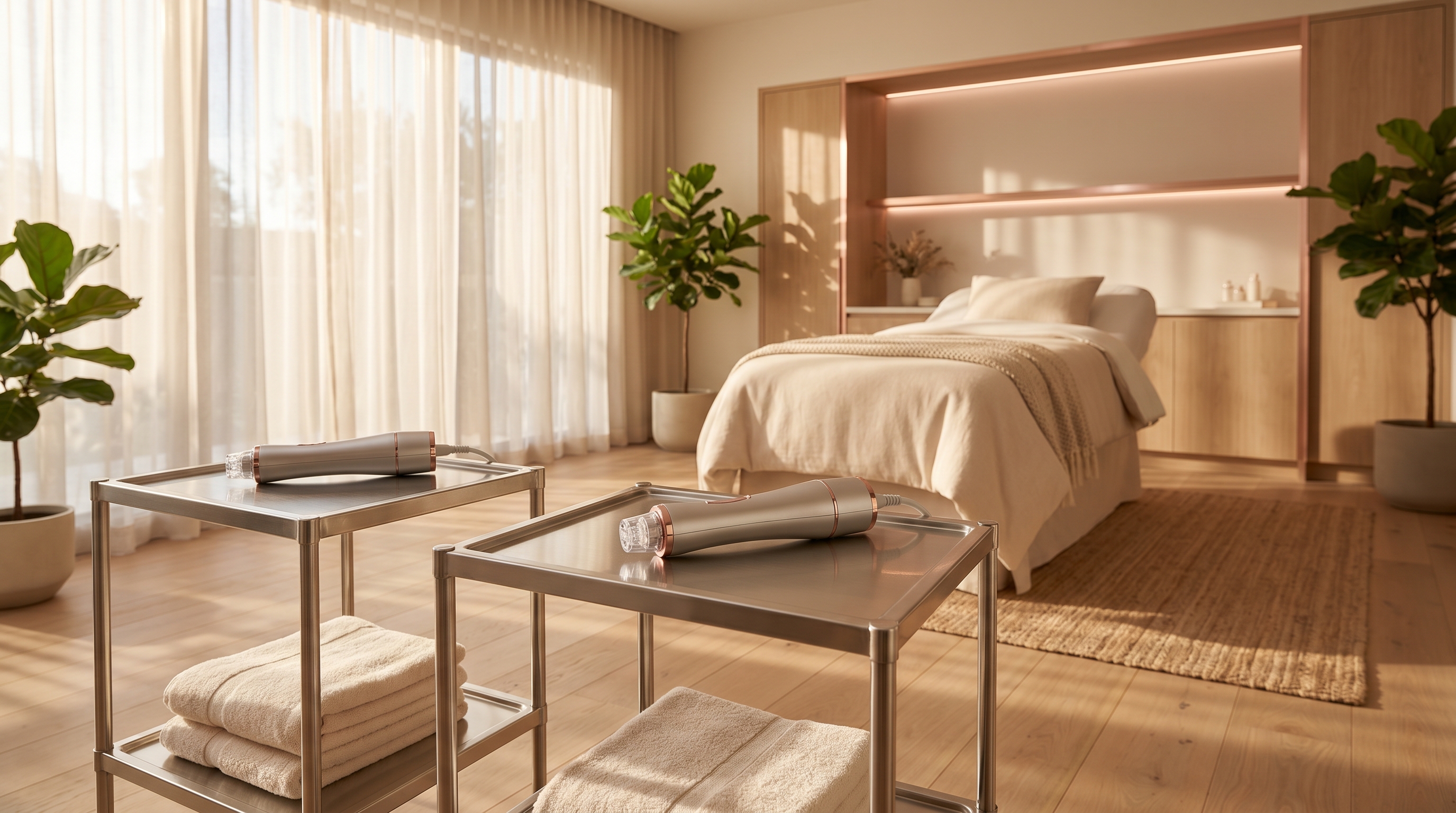 Modern St. Petersburg medspa treatment room with two RF microneedling devices on stainless carts in warm afternoon sunlight