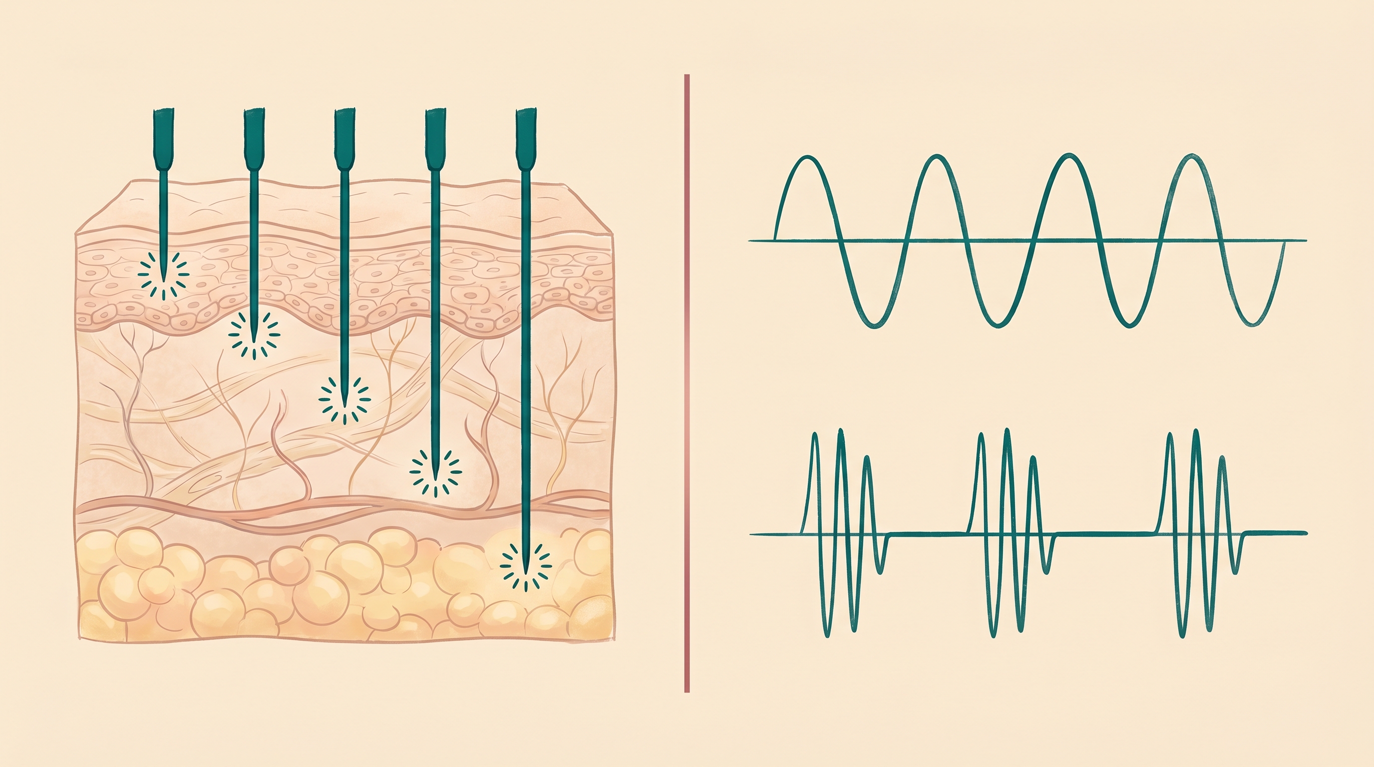 Cross-section diagram: variable-depth radiofrequency microneedling on the left, continuous wave versus pulsed wave RF profiles on the right
